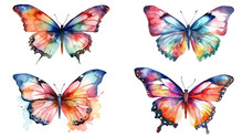 Watercolor Set Of Colorful Butterflies With Beautiful Wings Isolated On Clear Png Background, Insect Collection For Mock Up, With Generative Ai.