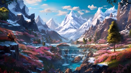 Wall Mural - The fantasy valley is surrounded by mountains and a river in the digital art style. Playful cartoon illustrations. Richly detailed backgrounds. Vibrant cartography. Drawing Painting. Generative AI.
