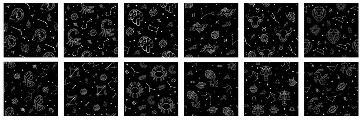 set of patterns of zodiac signs, constellations, stars of the zodiac signs. aries, taurus, gemini, c