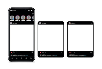 Poster - The mockup of the mobile application on the screen of a realistic smartphone. Phone with carousel interface post on social network. Vector illustration