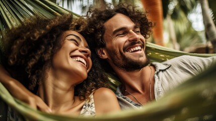 Wall Mural - A fictional person.  Smiling Couple Relaxing in Hammocks Among Palm Trees