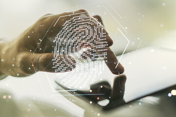 Aufkleber - Multi exposure of abstract graphic fingerprint sketch and hand working with a digital tablet on background, fingerprint scan data concept