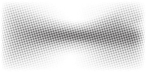 Poster - Flowing dots particles wave pattern halftone gradient curve shape background. Vector in concept of technology, science, music, modern flowing geometric backdrop.