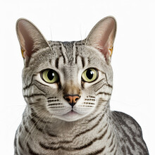 Adorable Egyptian Mau Cat Portrait Looking At Camera On White Isolated Background As Concept Of Domestic Pet In Ravishing Hyper Realistic Detail By Generative AI.