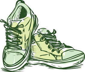 two sneakers, one standing leaning on the other vector image on a white background