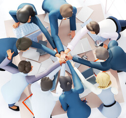 Wall Mural - Business team hand-stack, business people celebrating success and professional achievement. People working together in office, collaborating on a project. 3D rendering illustration