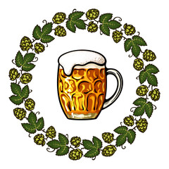 Wall Mural - Dimpled glass beer mug framed by round frame made of beer hops branches with leaves and hop cones. Vector illustration.