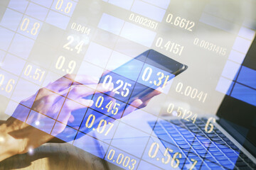Aufkleber - Multi exposure of abstract graphic data spreadsheet sketch and hand working with a digital tablet on background, analytics and analysis concept