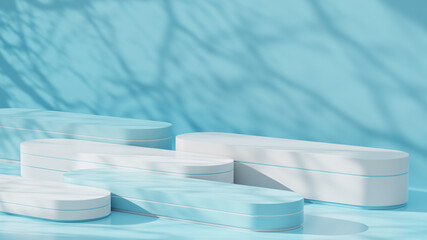 Blue background for product presentation with shadows and light. Empty platforms. Mockup for the presentation of cosmetics. Minimalistic scene for product demonstration.