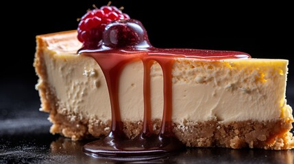 Wall Mural - Illustration of a decadent slice of New York-style cheesecake topped with a plump cherry created with Generative AI technology