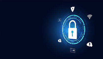 Poster - Abstract padlock digital circuit board and icons concept cyber theft protection cyber security On a modern blue background