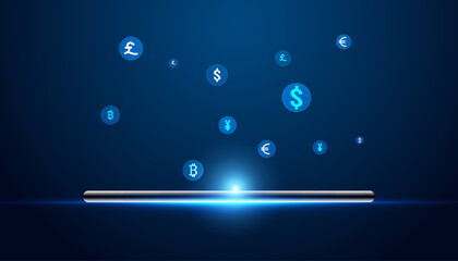 Wall Mural - Abstract phone and currency concept fintech digital finance online transaction Cryptocurrency exchange On a blue background, modern, digital, futuristic.