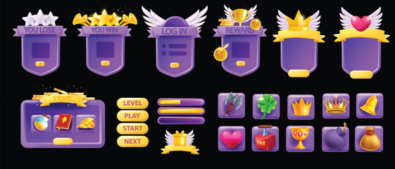 3D UI game asset set, button GUI interface vector design elements, mobile video app icon menu kit. Golden crown, winner star badge, window banner frame, level up border ribbon. UI game prize indicator
