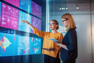 Two businesswomen engaged in strategic discussions on data and analytics in front of a corporate information wall displaying monitors and graphs, innovation and technology,  generative ai