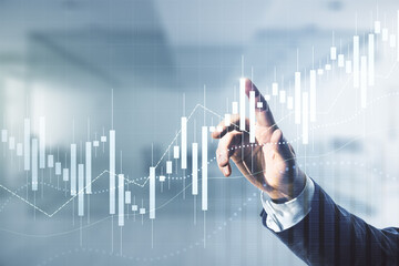 Aufkleber - Multi exposure of analyst hand with pen working with virtual abstract financial diagram on blurred office background, banking and accounting concept