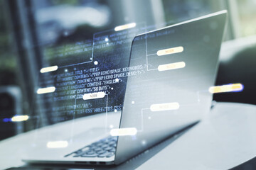 Poster - Double exposure of abstract creative programming illustration on computer background, big data and blockchain concept