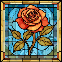 Simple Flat Designed Rose Flower With Stalk, Linear Style, Stained Glass