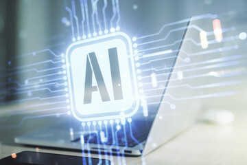 Aufkleber - Double exposure of creative artificial Intelligence icon with modern laptop on background. Neural networks and machine learning concept