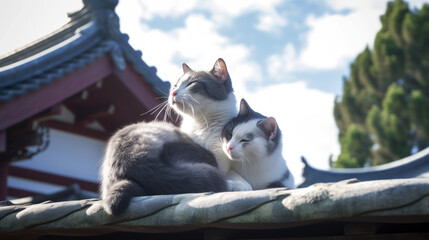 Cute cats are resting on the roof of the house. Cute cats in Japan on the background of a Japanese house. Asian aesthetic style. For greeting cards design, calendars and tourism adv. Generating AI