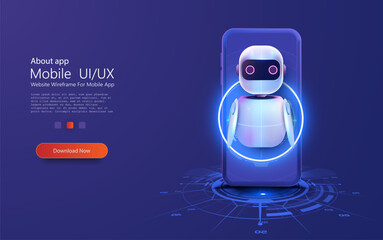 Fototapete - Cute neon cartoon robot. AI Content Generator. Chatbot technology, isometric. Technology and engineering. AI chat bot based on artificial intelligence and neural networks