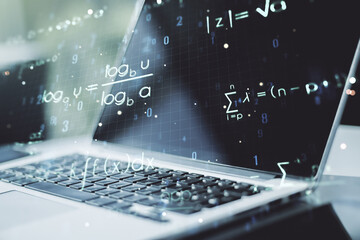 Aufkleber - Creative scientific formula concept on modern laptop background. Multiexposure