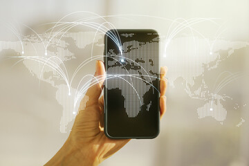 Poster - Double exposure of abstract digital world map with connections and hand with cell phone on background, research and strategy concept