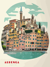 Albenga: Beautiful Vintage-styled Poster Of With A City And The Name Albenga In Liguria