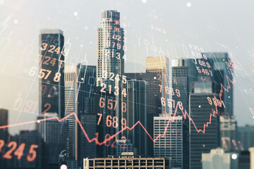 Poster - Multi exposure of stats data illustration on Los Angeles city skyline background, computing and analytics concept