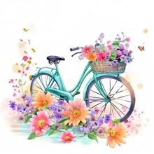 Watercolor Painting Of A Womans Bicycle With A Basket Of Flowers And Colorful Flowers Generative AI Illustration
