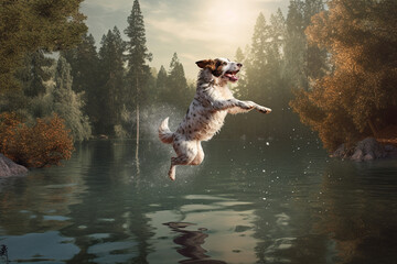 Wall Mural - Pure bliss of a happy dog as it joyfully leaps into the water, creating a splash of excitement. Ai generated