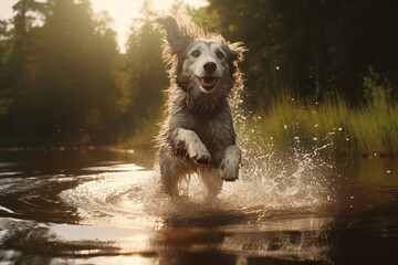 Wall Mural - Pure bliss of a happy dog as it joyfully leaps into the water, creating a splash of excitement. Ai generated