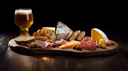 Wall Mural - a tasty beer with a charcuterie and cheese platter.