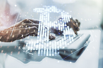 Poster - Creative Bitcoin concept with hands typing on computer keyboard on background. Double exposure