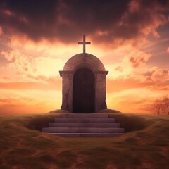 Wall Mural - Easter Sunday concept: Tomb empty with cross on sunset background, Generative AI