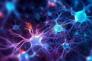 close-up view of a vibrant neuron, intricately woven with its dendrites extending and intertwining w