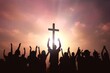 Easter and Good Friday concept, Silhouette many people raised hands worship god over sunset cross background, Generative AI