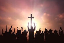 Easter And Good Friday Concept, Silhouette Many People Raised Hands Worship God Over Sunset Cross Background, Generative AI