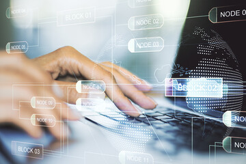 Poster - Multi exposure of abstract software development hologram with world map and hands typing on computer keyboard on background, global research and analytics concept