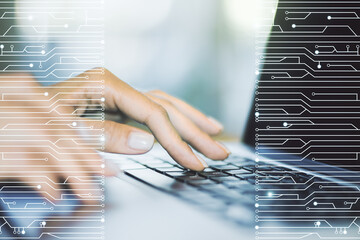 Aufkleber - Creative concept of microscheme illustration and hands typing on laptop on background. Big data and database concept. Multiexposure
