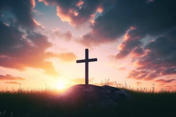 Wall Mural - Easter concept: Concept : cross on sunset sky background, Generative AI