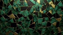 Seamless Glossy Green And Black Gold Encrusted Broken Marble Mosaic Tiles Background Texture. Luxury Cracked Ceramic Art Deco Cobblestone Tileable Wallpaper Pattern. High Resolution 3D Rendering