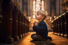 Little Boy Praying To God In Church