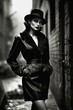 © alexkoral - stylish woman fashionably dressed posing on street. Vintage retro fashion of 1970s and 1980s. Generative AI