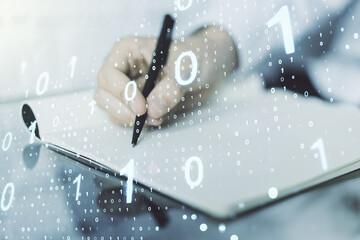 Aufkleber - Double exposure of creative abstract binary code hologram and man hand writing in notebook on background. Database and programming concept