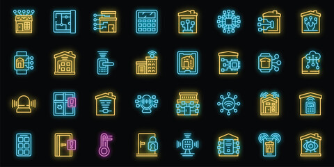 Wall Mural - Smart home installation icons set outline vector. Internet system. Home touch neon color on black