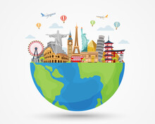 Travel And Tourism Around The World. Buildings And Landmarks On Earth. Time To Travel. Vector Illustration In Flat Style Modern Design. Isolated On White Background.