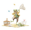 Watercolor funny frog toad animal in vintage costume catches butterflies with a net on picnic tea party isolated on white background. Hand drawn illustration sketch