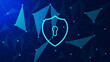 Data security system or global network protection concept with shield and connecting dots lines on dark blue background.
