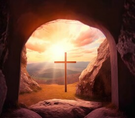 Wall Mural - Easter and Good Friday concept, Empty tombstone with cross on mountain sunrise background, Generative AI