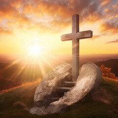 Wall Mural - Easter and Good Friday concept, Empty tombstone with cross on mountain sunrise background, Generative AI